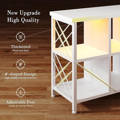 8 Cube Storage Organizer with LED Light and Charging Station, Wood and Metal Cube Shelf, White Horizontal Book Shelf for Bedroom, Home Office