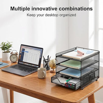 OPNICE Desk Organizers and Accessories, 4-Tier Desktop File Organizer with Drawer, Office Desk Accessories & Workspace Organizers for Office, Home Supplies(Black)