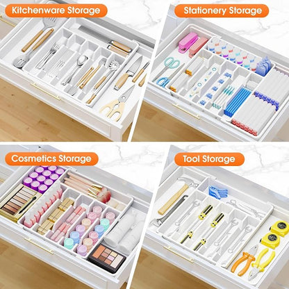 SpaceHacks Silverware Organizer，Adjustable & Expandable Utensil Drawer Organizer, BPA Free Utensil Holder, Cutlery Tray for Forks, Spoons, Knives in Kitchen, Large, White