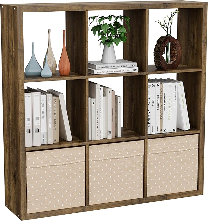 Cube Storage Organizer Bookcase, Decorative 11 inch Open Back Cubical Shelf with Thickened Border, Display Bookshelf for Living Room, Home Office, Sturdy Room (Brown, 9 Cube)