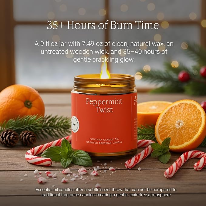 Fontana Candle Co Wood Wick Beeswax Jar Candles, Peppermint Twist Holiday Candle - Made with Coconut Oil & Pure Essential Oils – Clean Burn, Long Lasting and Non-Toxic Candles for Home & Room Decor
