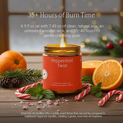 Fontana Candle Co Wood Wick Beeswax Jar Candles, Peppermint Twist Holiday Candle - Made with Coconut Oil & Pure Essential Oils – Clean Burn, Long Lasting and Non-Toxic Candles for Home & Room Decor