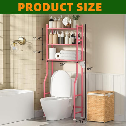 3-Tier Over The Toilet Storage, Space Saver Metal Bathroom Shelves, Freestanding Above Over Toilet Storage Shelf with 4 Hooks for Bathroom, Pink