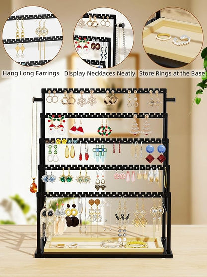 Earring Holder Organizer, 5-Tier Jewelry Display Stand with Matte Black Metal Frame and Wooden Tray, Large Earring Holder for Studs, Hoops, Dangles, Modern Jewelry Organizer for Women