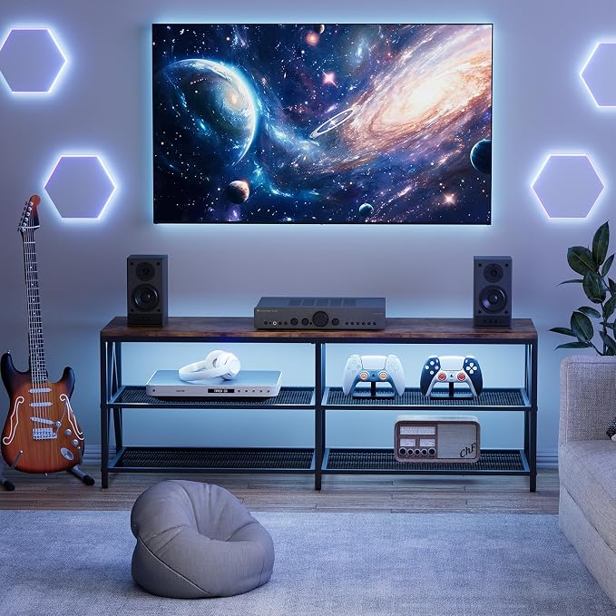 55 inch TV Stand with 3-Tier Open Shelf, Entertainment Center with Power Outlets & 8-Color LED Lights, TV Console Table for Living Room, Bedroom (Brown)
