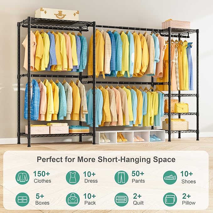 SEMHOR E01 Expandable Heavy Duty Clothes Rack, Free Standing Closet System Organizer, Adjustable Portable Carbon Steel Garment & Clothing Racks for Hanging Clothes (72.5-96"), 800LBS Max Load, Black