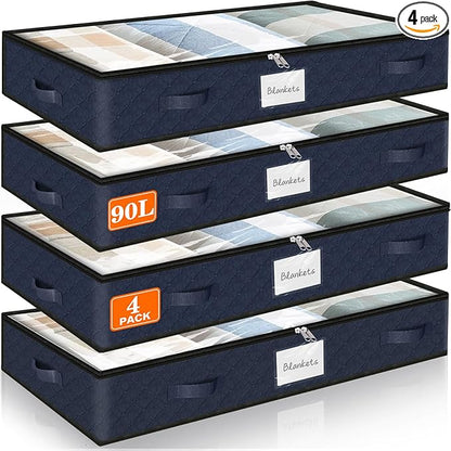 SpaceWhisper 90L Under Bed Storage Containers, 4-Pack Storage Bins with Clear Top, Foldable Closet Organizers and Storage with Label Holder for Clothing, Blankets, Comforter & Pillows(Blue)