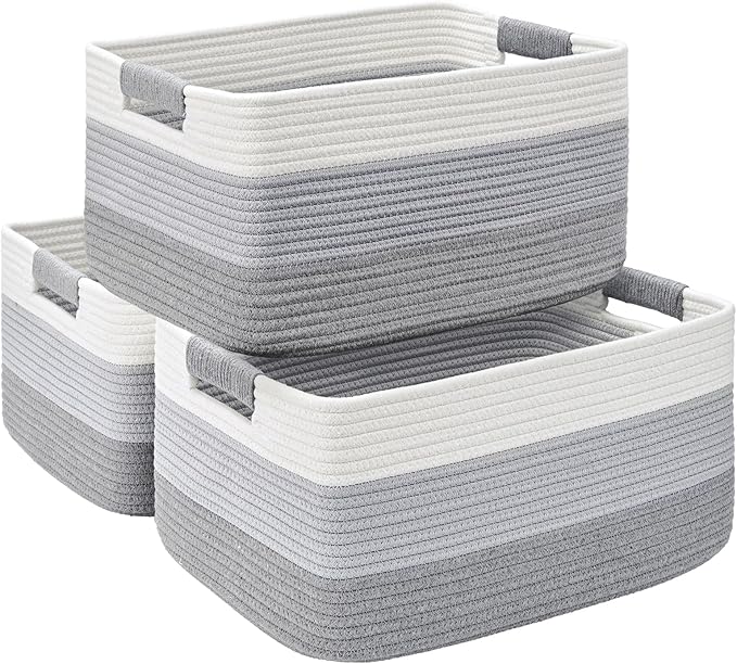 3 Pack Large Storage Basket for Organizing, 17.5"x13.5"x7.5" Woven Basket for Shelves, Closet Cube Storage Bins with Wrapped Handle, Cotton Rope Baskets for Kitchen, Clothes, Toys(Gradient Grey)
