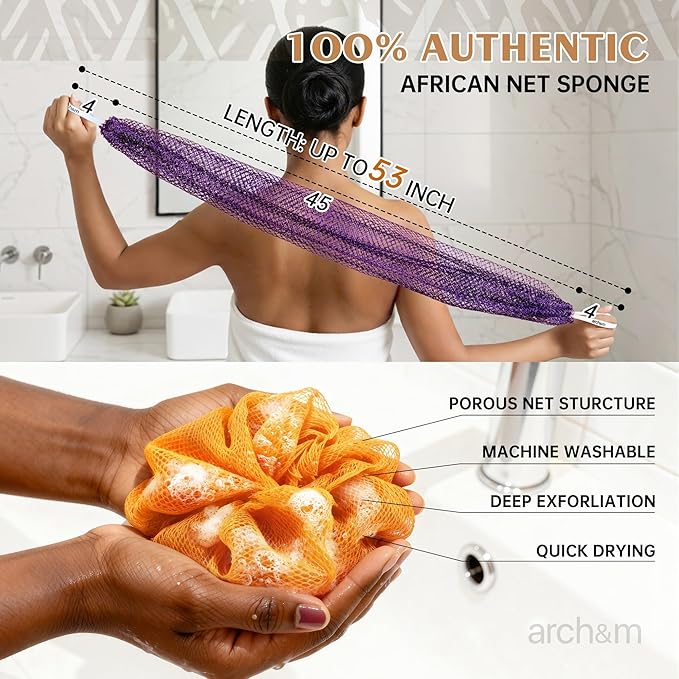 ARCH&M Authentic African Net Sponge Extra-Long 53" Back Scrubber | Quick-Dry Exfoliating Shower Loofah, Smoother Skin For Women and Men Daily Use, Soft Mesh for Sensitive Skin