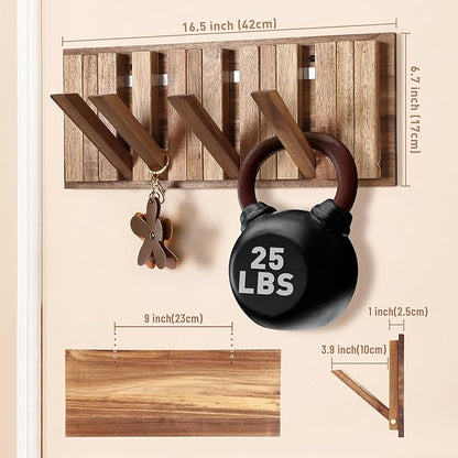 Wall Coat Rack for Entryway: Rustic Wooden Folding 8 Hooks Mount 16.5inch Decorative Piano Hanger for Farmhouse Hallway Bathroom for Towel Backpack Jacket (Neat Style)