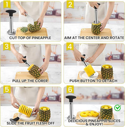 AUBENR Premium Pineapple Corer and Slicer Tool - Sharp Pineapple Cutter with Serrated Tips - Easy to Use and Clean - Stainless Steel Core Remover for Pineapple - Core Fruits with Ease(Black)