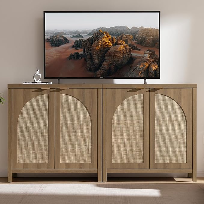 SICOTAS Rattan Sideboard Buffet Cabinet with Storage, Mid Century Modern Credenza Storage Cabinet with Arch Doors & Shelves Farmhouse Coffee Bar Media Console Cabinets for Living Room, Entryway