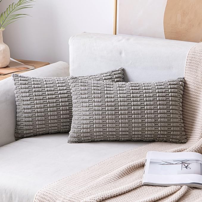 MIULEE Pack of 2 Corduroy Decorative Lumbar Throw Pillow Covers 20x12 Inch Soft Boho Striped Pillow Covers Modern Farmhouse Home Decor for Sofa Living Room Couch Bed Light Grey