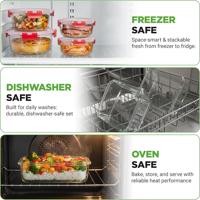 NutriChef 24 Piece Glass Food Storage Containers with Lids - Airtight Glass Meal Prep Containers, Bento Lunch Boxes, Hinged Lock Lid, For Meal Prep, Kitchen Storage, Freezer (12 Containers & 12 lids)