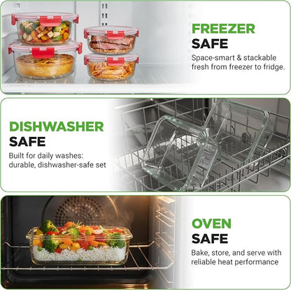 NutriChef 24 Piece Glass Food Storage Containers with Lids - Airtight Glass Meal Prep Containers, Bento Lunch Boxes, Hinged Lock Lid, For Meal Prep, Kitchen Storage, Freezer (12 Containers & 12 lids)