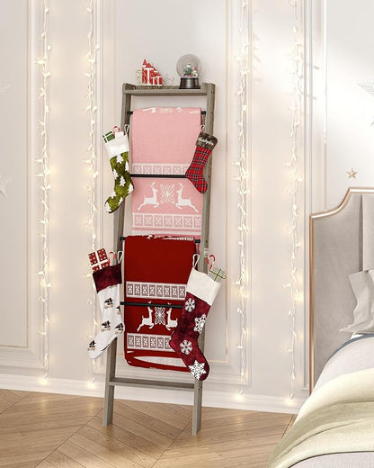 Hzuaneri Blanket Ladder Shelf, Decorative Quilt Rack, 6-Tier Farmhouse Ladder Holder Organizer with 4 Removable Hooks 7.9" D x 17.3" W x 63.4" H, Greige BR35805B