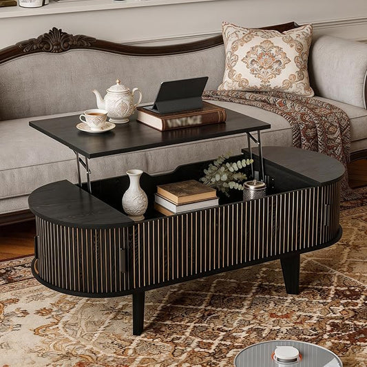 Oval Coffee Table with Storage, 47.2" Fluted Lift Top Coffee Table with 180° Sliding Tambour Door, Mid Century Modern Center Table for Living Room, Office, Cafe, Black