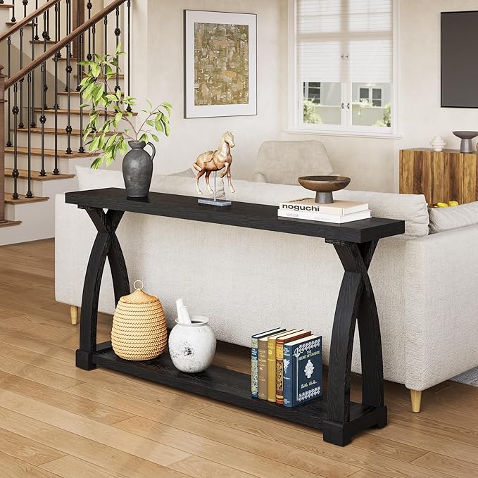 Solid Wood Console Table for Entryway, 63-Inch Narrow Farmhouse Couch Table Behind Sofa with 2-Tier Storage for Entrance, Foyer, Living Room, Long, Black (Black)