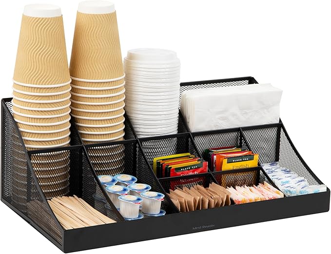 Mind Reader Countertop Organizer, 2 Tier Mesh Storage Caddy with 11 Compartments for Office Supplies, Breakroom Essentials, and Snacks