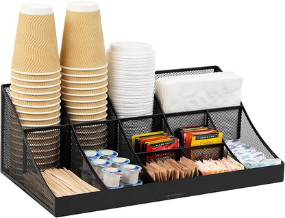 Mind Reader Countertop Organizer, 2 Tier Mesh Storage Caddy with 11 Compartments for Office Supplies, Breakroom Essentials, and Snacks