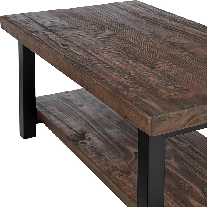 Pomona 42-Inch Rectangular Solid Wood Coffee Table with Storage Shelf & Metal Legs – Rustic Industrial Farmhouse Living Room Table by Alaterre Furniture (Rustic Natural)