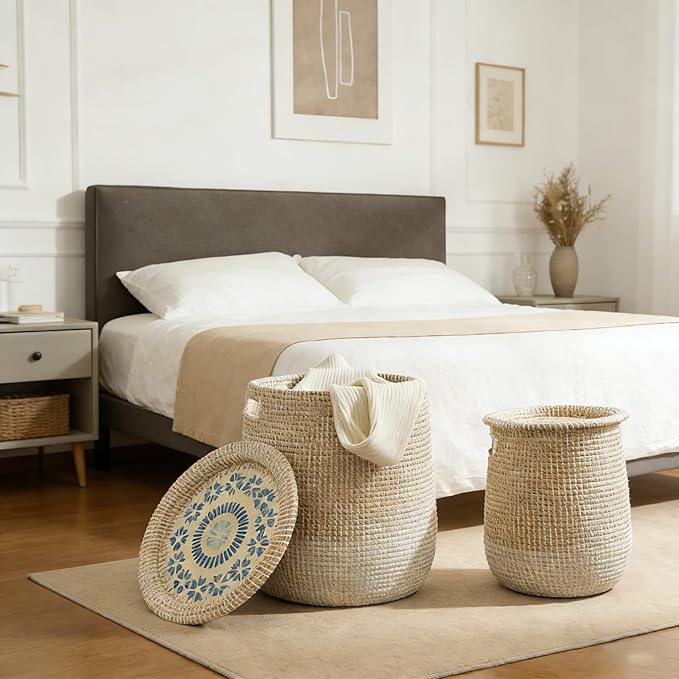 Laundry Hamper Basket 2-Pack - Natural Seagrass Handmade Storage Hamper with Lid, Removable Washable Liner, Storage Basket for Clothes Toys, Decorative Organizer for Bedroom, Bathroom, Living Room