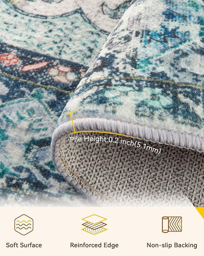 RELEANY Area Rugs Round 7ft Washable Non-Slip, Floral Vintage Distress Medallion Carpet for Living Room Bedroom Dining Room, Green Navy Blue White Red Teal