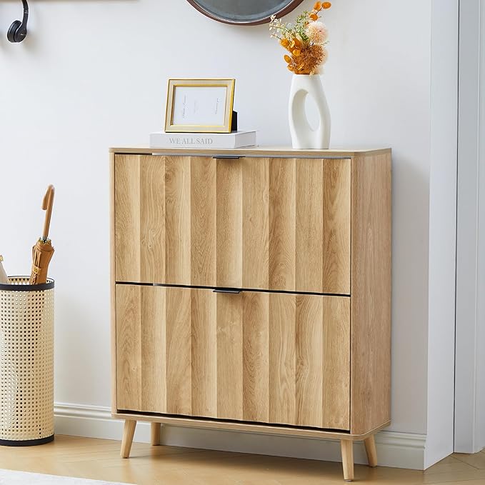 31.5” Fluted Shoe Cabinet Storage with 2 Flip Drawers,Narrow Freestanding Shoe Storage Organizer,Slim Shoe Rack Cabinet for Entryway,Hallway (Natural)