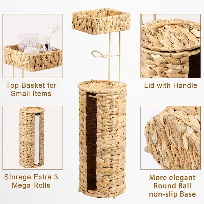 Free Standing Toilet Paper Holder, Rattan Wicker Toilet Paper Basket with Storage, Water Hyacinth Decorative Tissue Roll Storage Holder with Lid for Bathroom