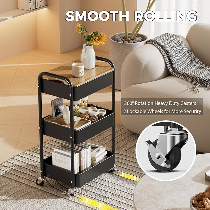 johgee 3 Tier Rolling Cart with Table top, Metal Utility Cart, Sturdy Storage Organizer Cart with Locking Wheels & Hooks for Office, Classroom, Kitchen and Bathroom