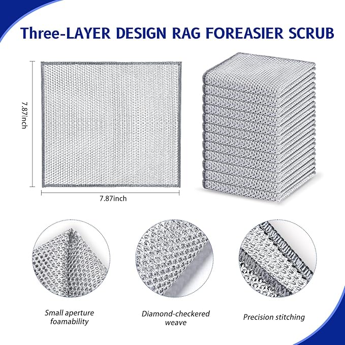 Wangjinpeng 12 PCS 3-Layer Non-Scratch Multipurpose Steel Wire Dishcloths - Reusable Quick-Dry Odor-Free Scrub Cloths for Dishes, Kitchen Cleaning Cloths for Cookware, Sinks, Stove Tops(7.87X7.87)