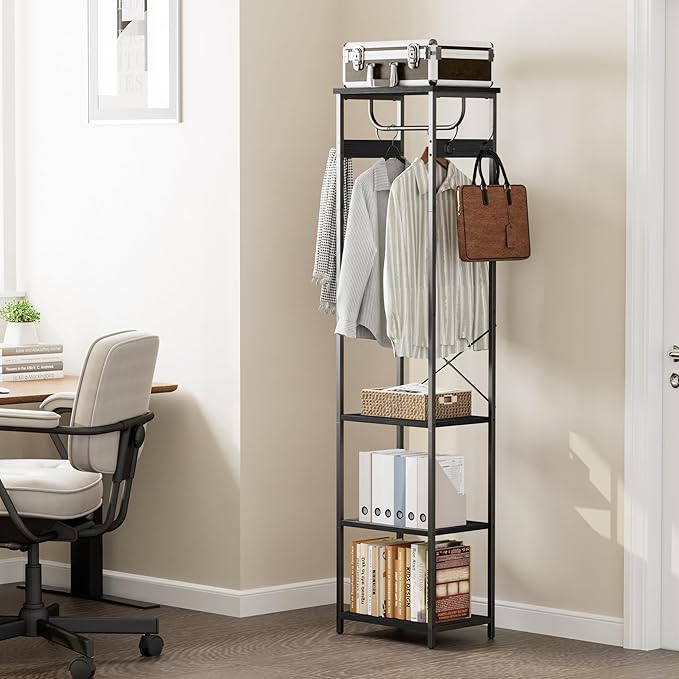 Coat Rack With Hanging Rod, Garment Rack With 3 Wooden Shelves and 4 Hooks, Freestanding Hall Tree, Industrial Clothes Rack Stand Organizer, Black