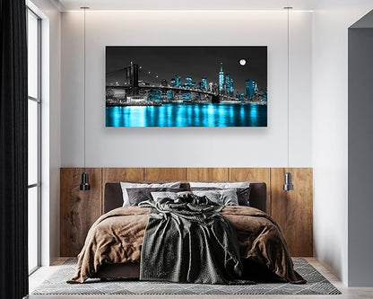 Wall Art Canvas Painting Black White and Blue New York Brooklyn Bridge 1 Piece Cityscape Night Building Picture Poster Print Framed for Living Room Bedroom Kitchen Office Home Decor