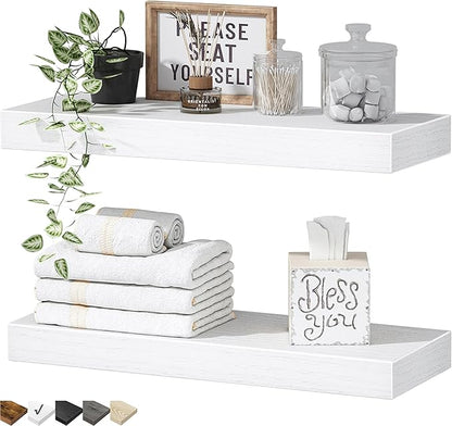 QEEIG Bathroom Floating Shelves for Wall - 15.7" Wall Mounted Shelf Over Toilet Farmhouse Home Decor Display Bookshelf Small 15.7 x 6.7 inch Set of 2, White (008-40W)