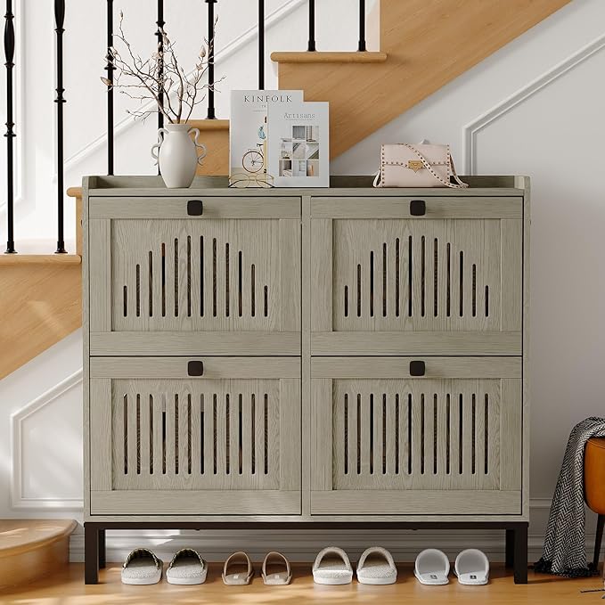 Garvee 4 Flip Drawer Shoe Cabinet with Adjustable Shelves, Hidden Shoe Organizer with Large Capacity, Freestanding Wooden Shoe Rack for Entryway, Hallway, Living Room, Washed Gray