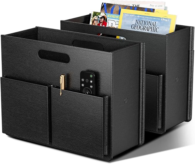 ABC life 2 PACK Magazine Basket Holder, PU Leather Foldable Magazine Rack, Document File Holder Organizer, Newspaper Book Storage Bin Organizer for Living Room Home Office, Balck
