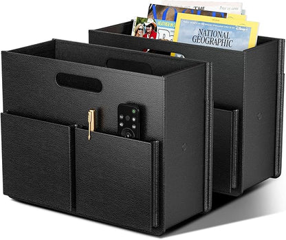 ABC life 2 PACK Magazine Basket Holder, PU Leather Foldable Magazine Rack, Document File Holder Organizer, Newspaper Book Storage Bin Organizer for Living Room Home Office, Balck