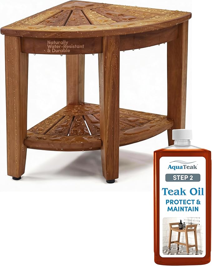 AquaTeak The Original 15.5" Kai Corner Teak Shower Bench - Shower Stool with Storage Shelf & Premium Teak Oil - Durable Water Resistant Shower Chair - Shaving Foot Rest - Indoor & Outdoor Use