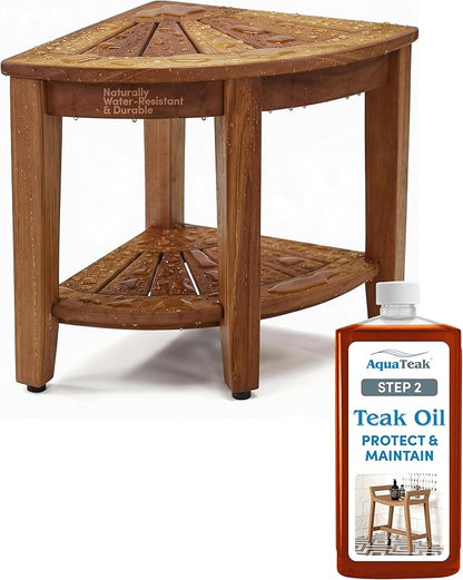 AquaTeak The Original 15.5" Kai Corner Teak Shower Bench - Shower Stool with Storage Shelf & Premium Teak Oil - Durable Water Resistant Shower Chair - Shaving Foot Rest - Indoor & Outdoor Use
