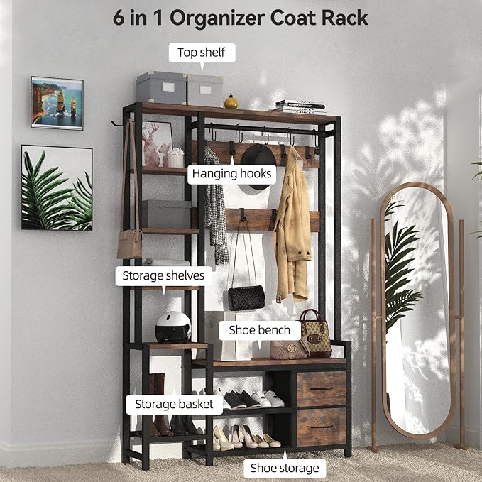 Hall Tree for Entryway 43", Bench with Shoe Storage, Large Coat Rack Shoe Bench with 5 Tier Shelves, 5 in 1 Design Front Door Shoe Rack and Wall Rack Hooks, and 2 Drawers (Rustic Brown)