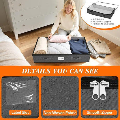 SpaceWhisper 90L Under Bed Storage Containers, 8-Pack Storage Bins with Clear Top, Foldable Closet Organizers and Storage with Label Holder for Clothing, Blankets, Comforter & Pillows (Grey)