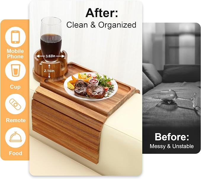 Couch Cup Holder Tray,Acacia Wood Couch Arm Table with Phone Holder, Large Foldable Sofa Arm Tray for Drink Snacks Table