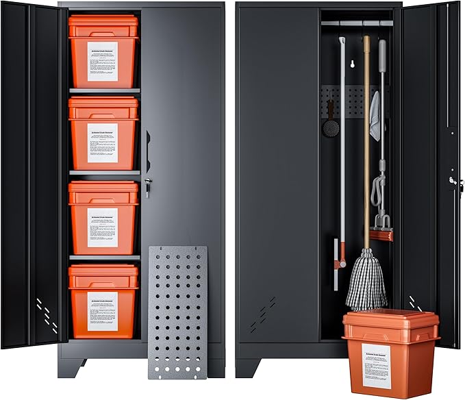 Storage Cabinet 61" H, Metal Tools Storage Cabinet with Lockable Doors and Shelves, Outdoor Storage Sheds with Removable Pegboard for Garage, Utility Room, Office