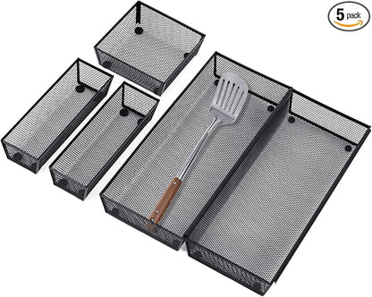 Neudeco Drawer Organizer, Black, 5 Pack, 15x6.2x2 inches | Metal Mesh Silverware Tray, Interlocking Design, 5 Compartment, For Kitchen Utensils