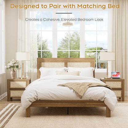 XIAO WEI Set of 2 Rattan Nightstand with Charging Station, Boho Bedside Table with 2 Drawers, Farmhouse End Table for Bedroom, Wood Accent Bed Side Table with Storage, Reclaimed Light Oak