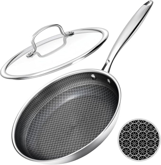 Nonstick Frying Pan with Lid,8-Inch Stainless Steel Skillet with Honeycomb Surface,Oven-Safe,PFAS-Free,Non-Toxic,Dishwasher-Friendly,Compatible with All Cooktops.