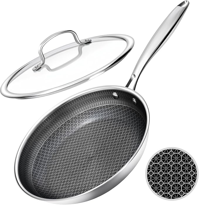 Nonstick Frying Pan with Lid,12-Inch Stainless Steel Skillet with Honeycomb Surface,Dishwasher-Friendly,Oven-Safe,Induction Compatible,PFAS-Free,Non-Toxic,Compatible with All Cooktops.