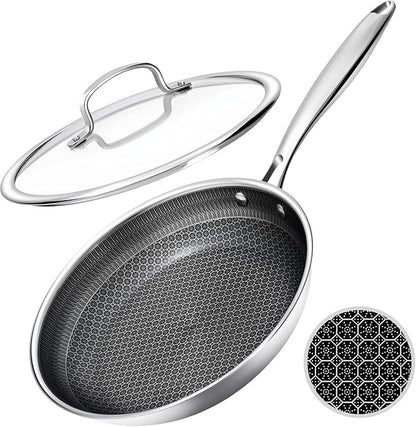 Nonstick Frying Pan with Lid,12-Inch Stainless Steel Skillet with Honeycomb Surface,Dishwasher-Friendly,Oven-Safe,Induction Compatible,PFAS-Free,Non-Toxic,Compatible with All Cooktops.
