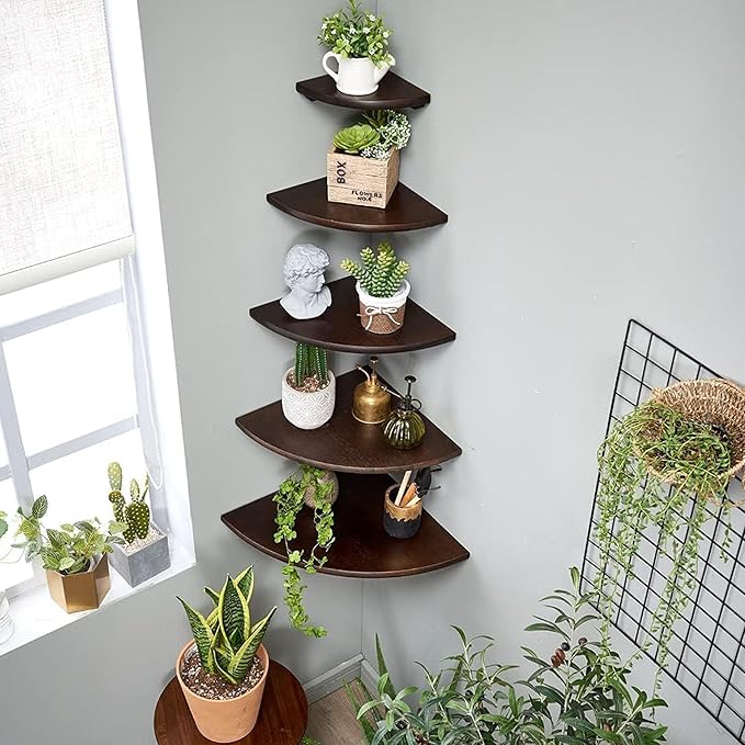 Conamily Corner Shelves, Floating Corner Shelf, Set of 2 Solid Oak Wood Wall Shelves, Round End Wall Mount with Wire Hole Shelving for Small Plant for Bedroom Kitchen, Living Room Walnut 8.7”