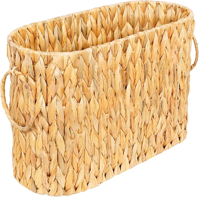 Large Toilet Paper Storage Basket, Wicker Toilet Paper Holder Basket for Bathroom, Natural Water Hyacinth Narrow Basket, Slim Toilet Paper Basket for 6 Mega Rolls, Magazines & Towels